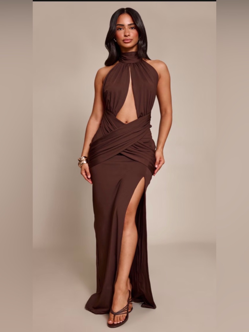 Pretty Little thing Brown Halter Cutout Maxi Dress with Side Slit